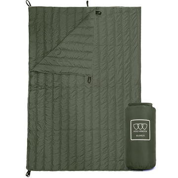 Gold Armour olive green camping blanket folded compactly for travel and storage.
