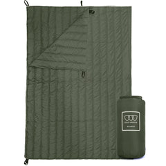 Gold Armour olive green camping blanket folded compactly for travel and storage.