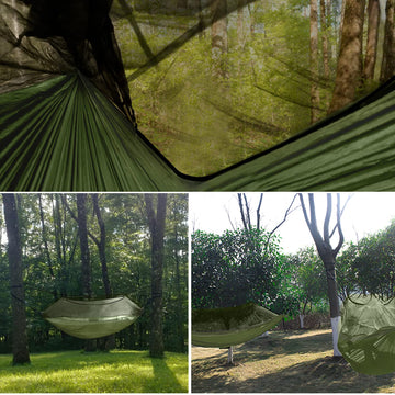 Gold Armour outdoor hammock in forest, ready for relaxed camping moments.