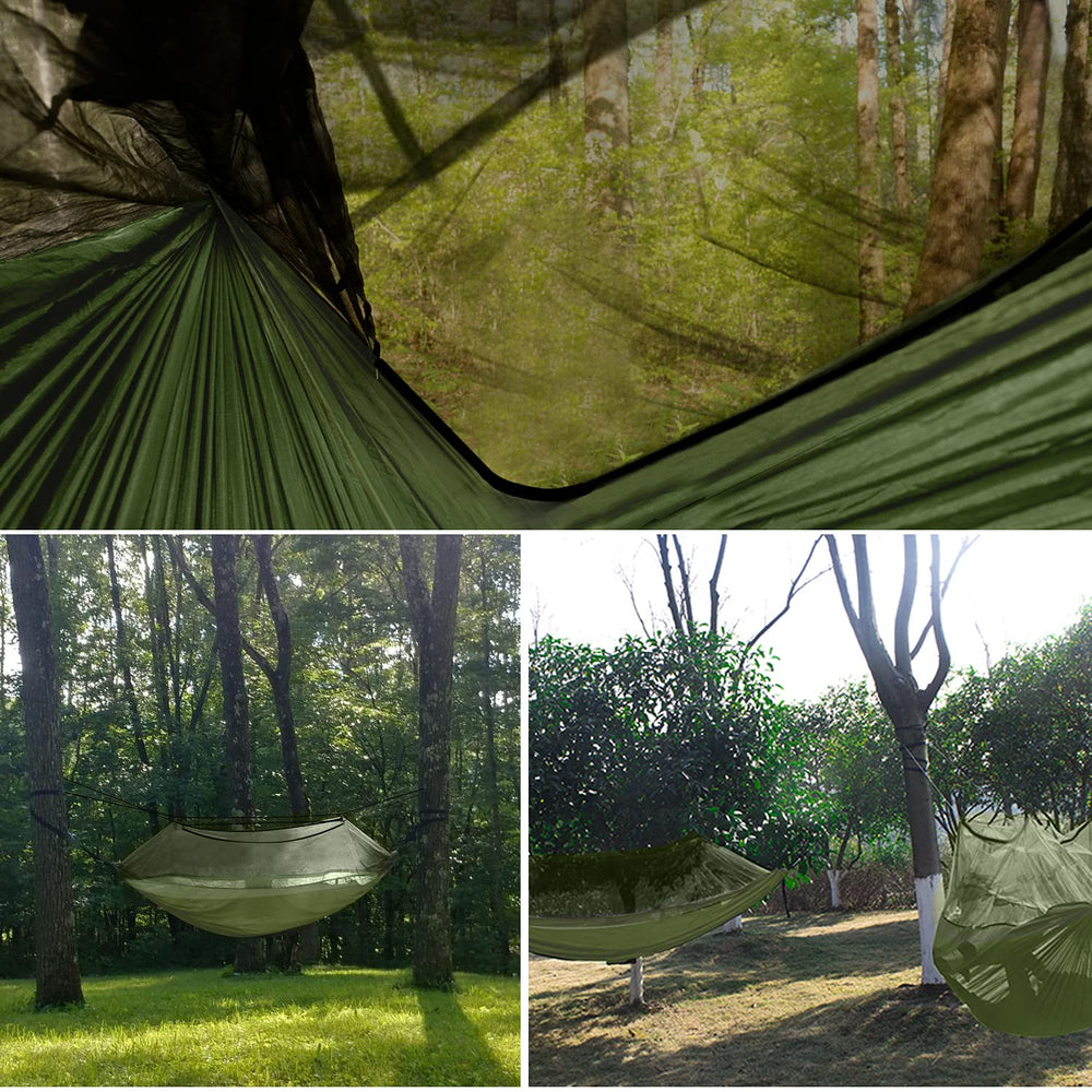 Gold Armour outdoor hammock in forest, ready for relaxed camping moments.