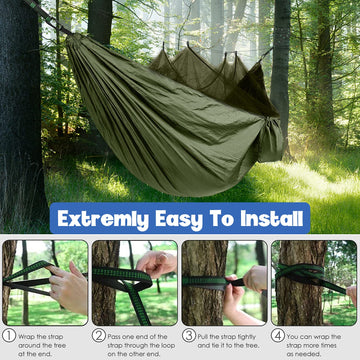 Gold Armour camping hammock packaging shows compact, portable travel-ready setup.