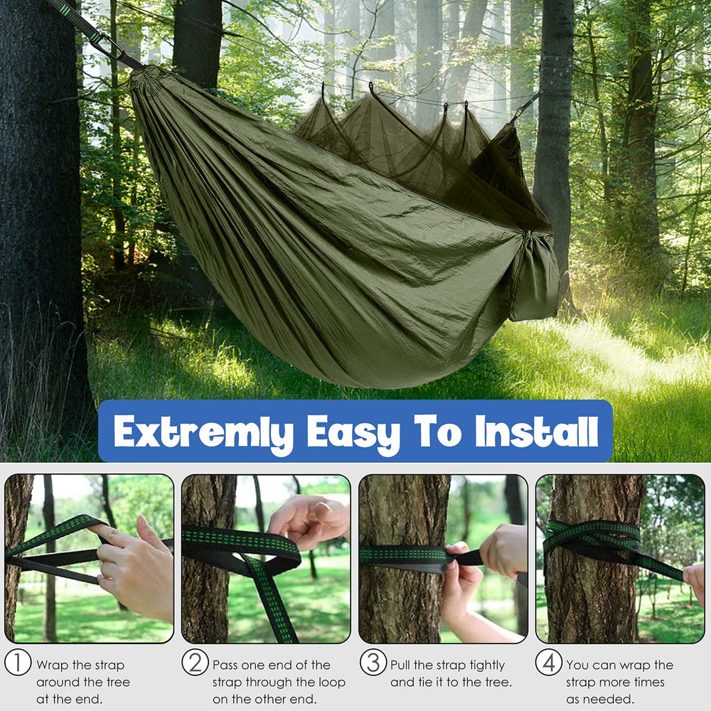 Gold Armour camping hammock packaging shows compact, portable travel-ready setup.