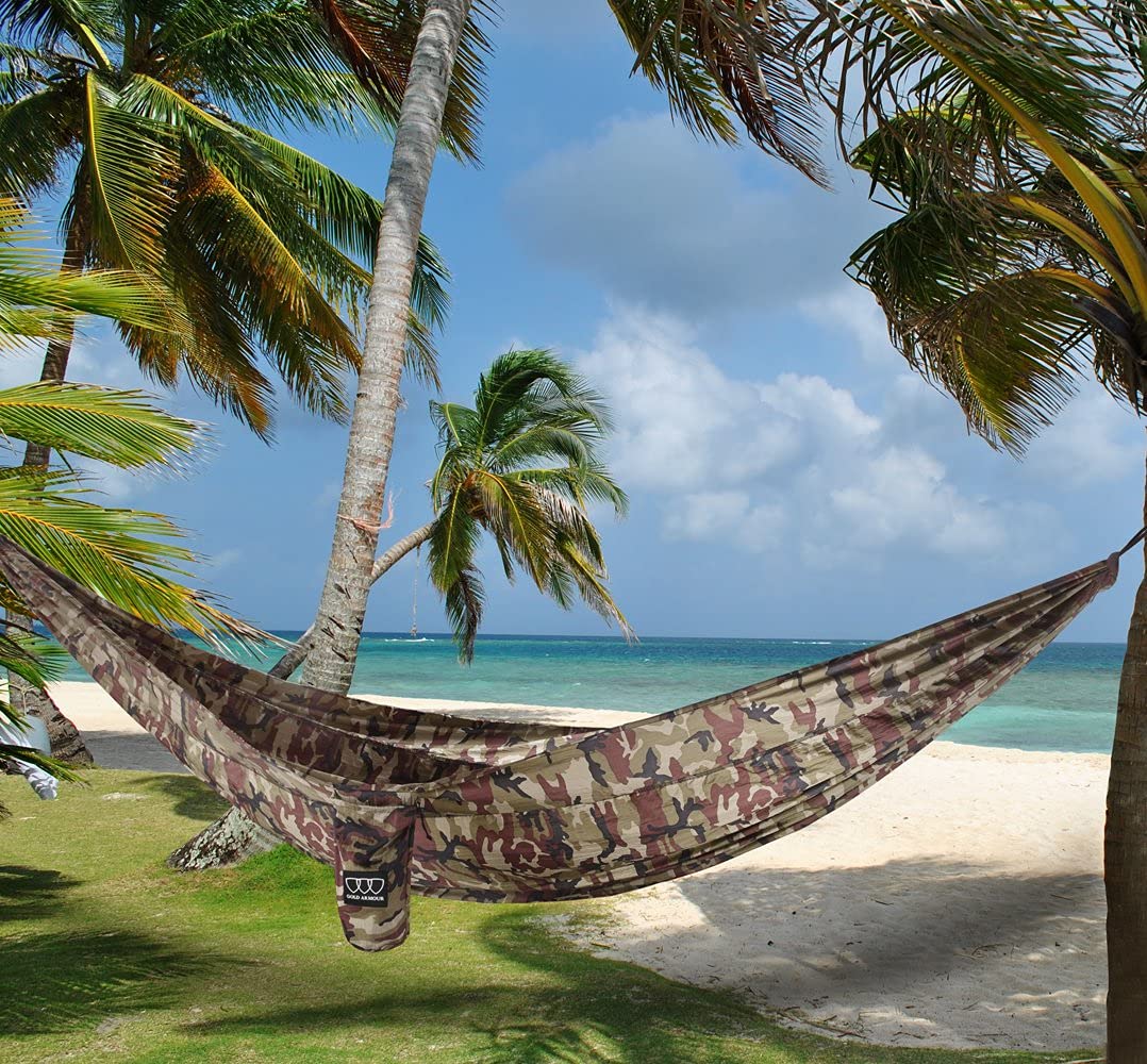 Gold Armour camping hammock ultralight-compact shows portable travel and simple packing.