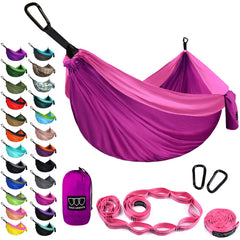 Gold Armour camping hammock XL setup in seconds with tree straps for easy outdoor use.