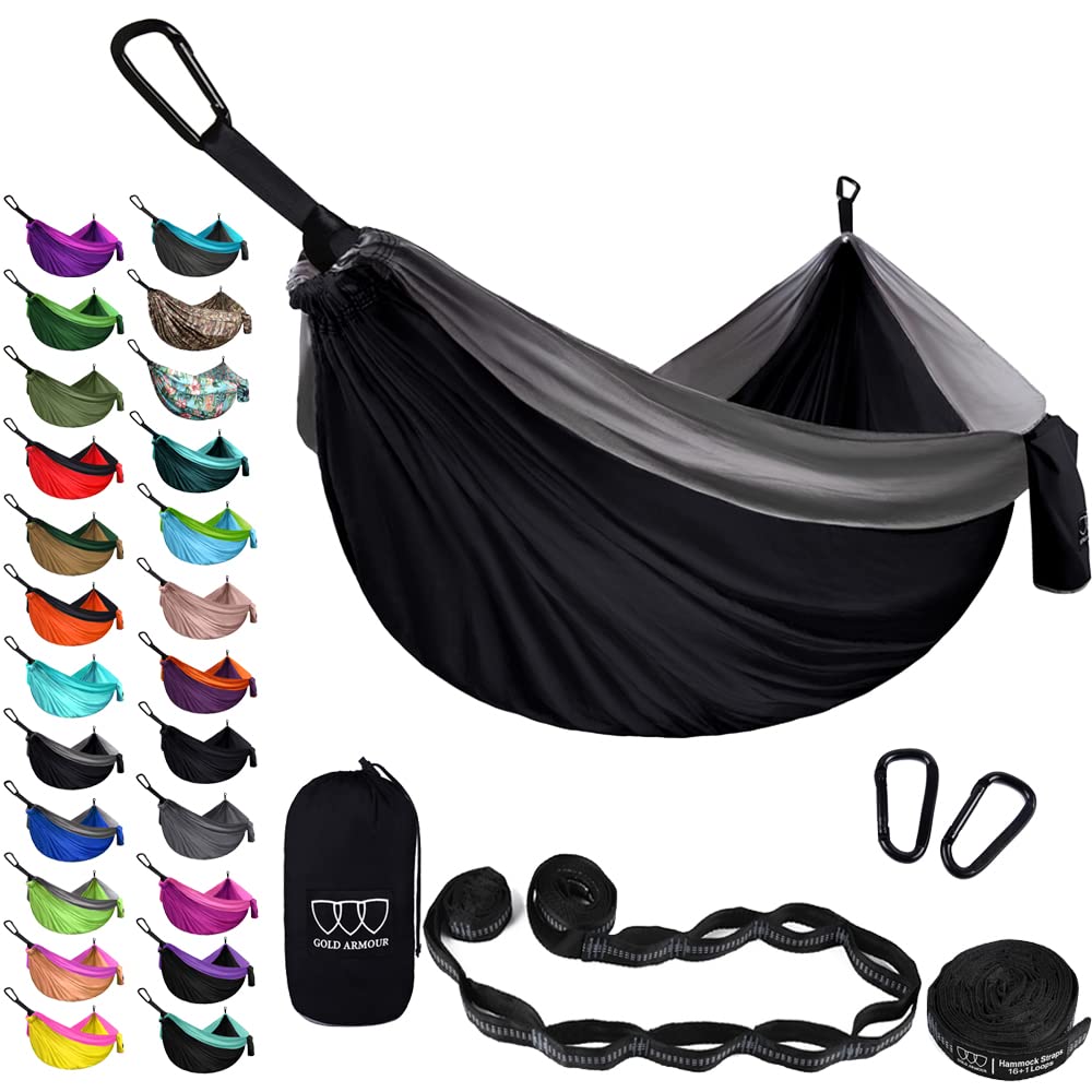 Gold Armour camping hammock in folded-stuff-sack offers portable setup for quick outdoor lounging.
