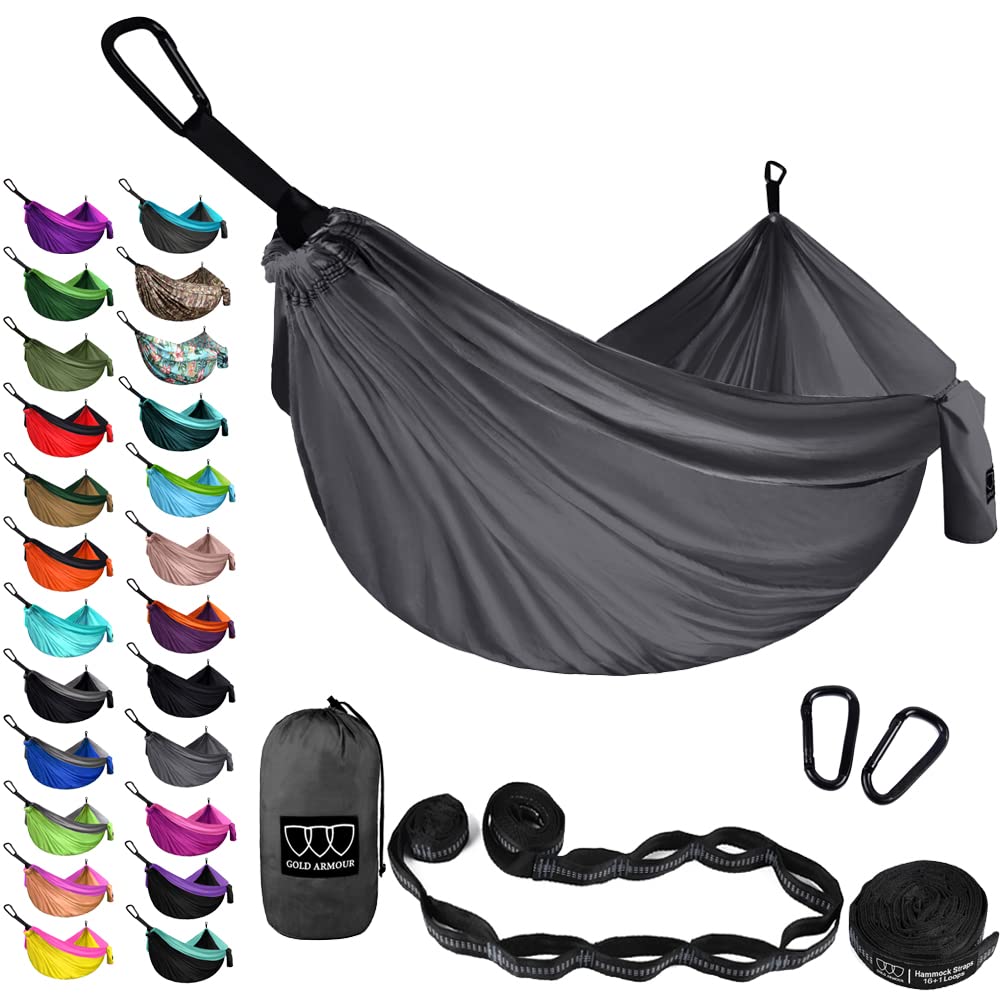 Gold Armour XL double camping hammock setup shows roomy comfort for two outdoors.