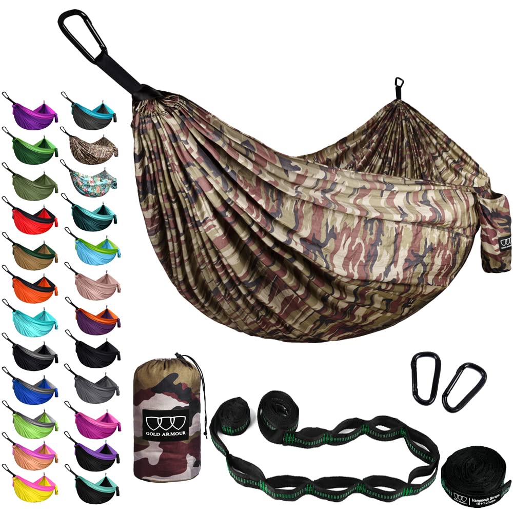 Gold Armour camping hammock XL setup demonstrates quick deployment for easy outdoor lounging.
