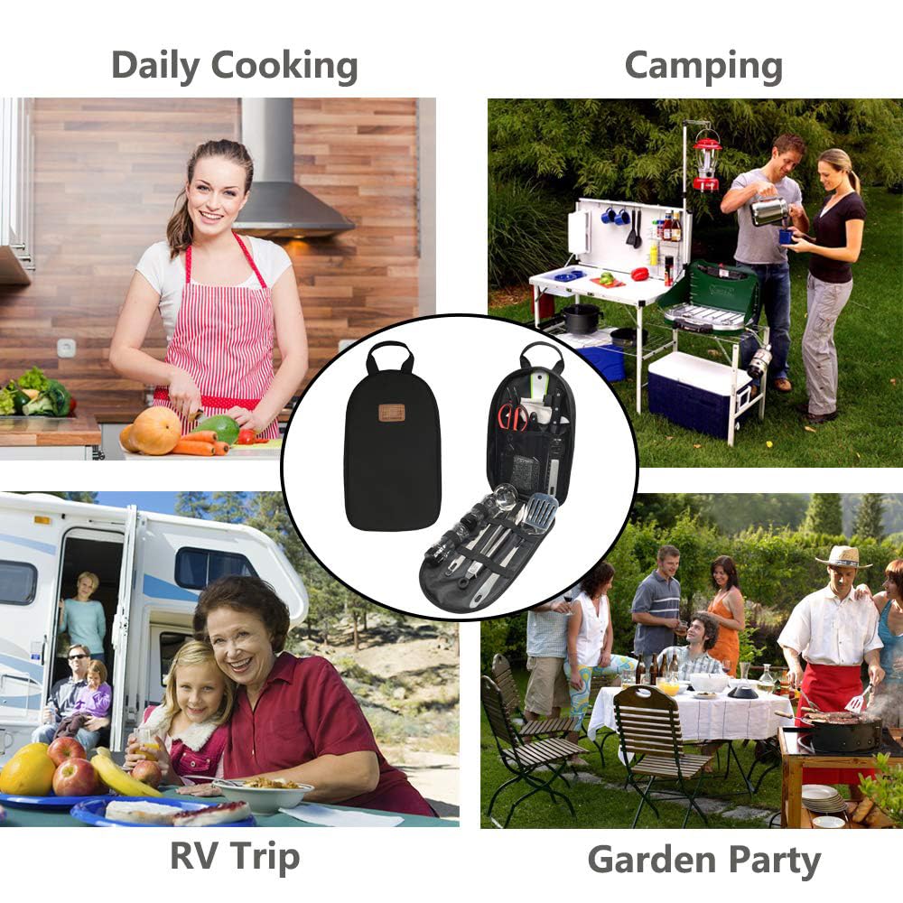 Gold Armour cutting board, spatula, tongs, and ladle for outdoor cooking