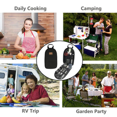 Gold Armour cutting board, spatula, tongs, and ladle for outdoor cooking