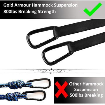 Gold Armour hammock tree straps 20 ft total provide flexible tree-friendly hanging options.