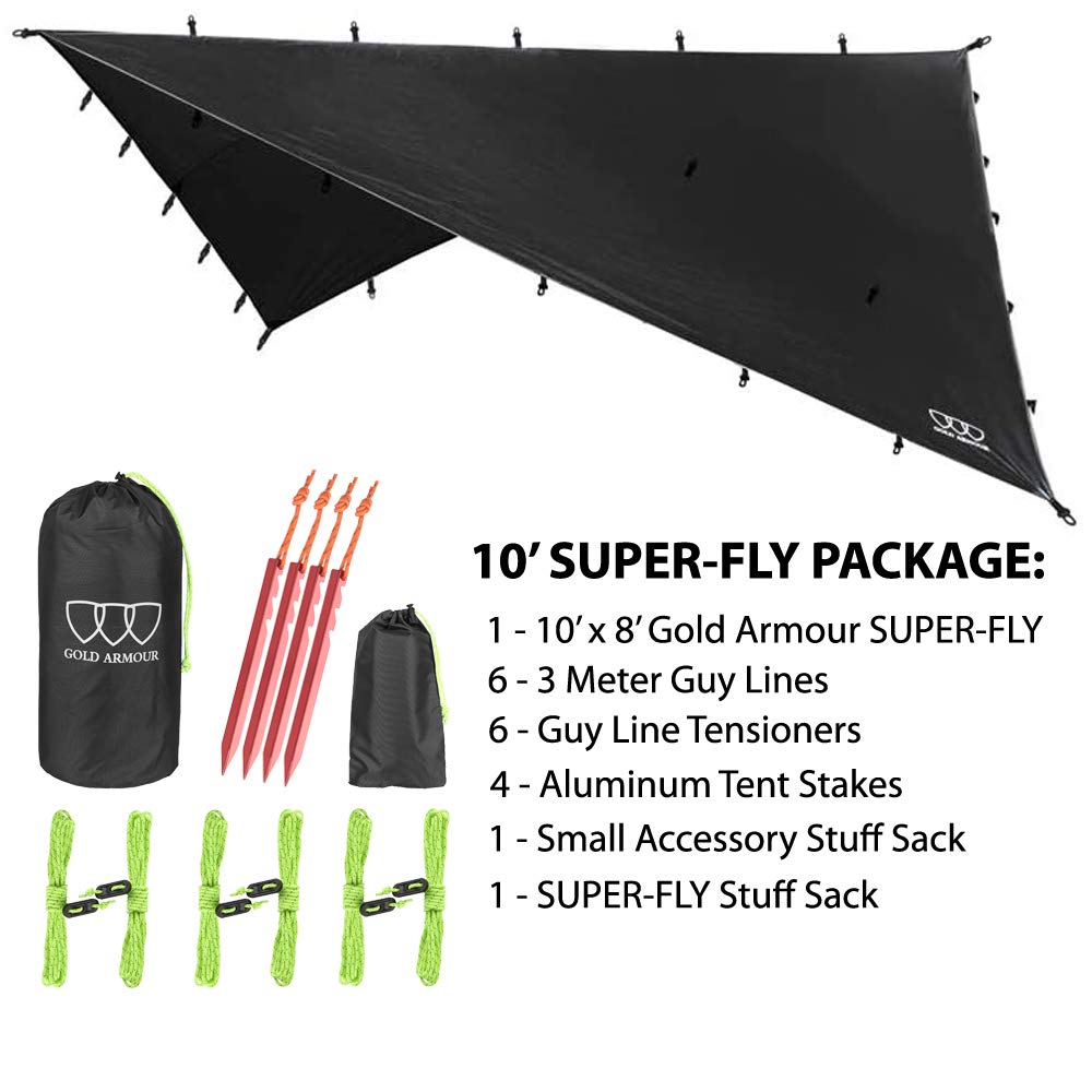 Gold Armour rainfly tarp highlights 33 tie-down loops for stable anchoring