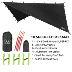 Gold Armour rainfly tarp highlights 33 tie-down loops for stable anchoring