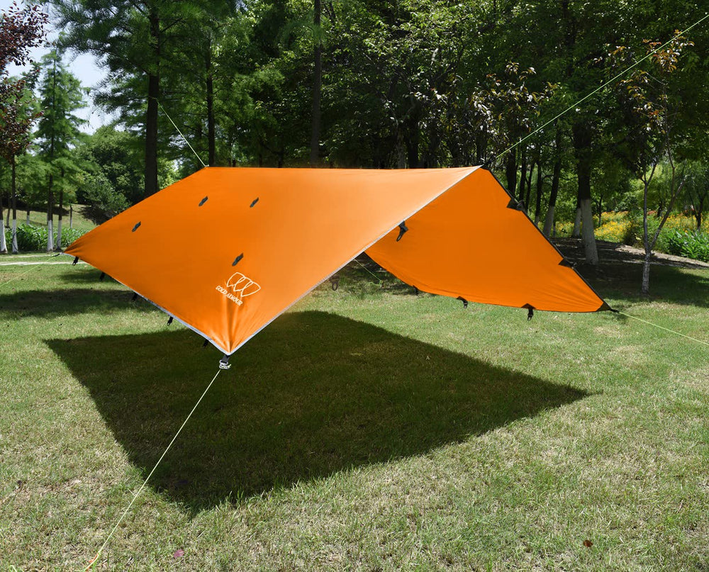 Gold Armour Rain Fly Tarp showing 33 tie-down loops for flexible anchoring.