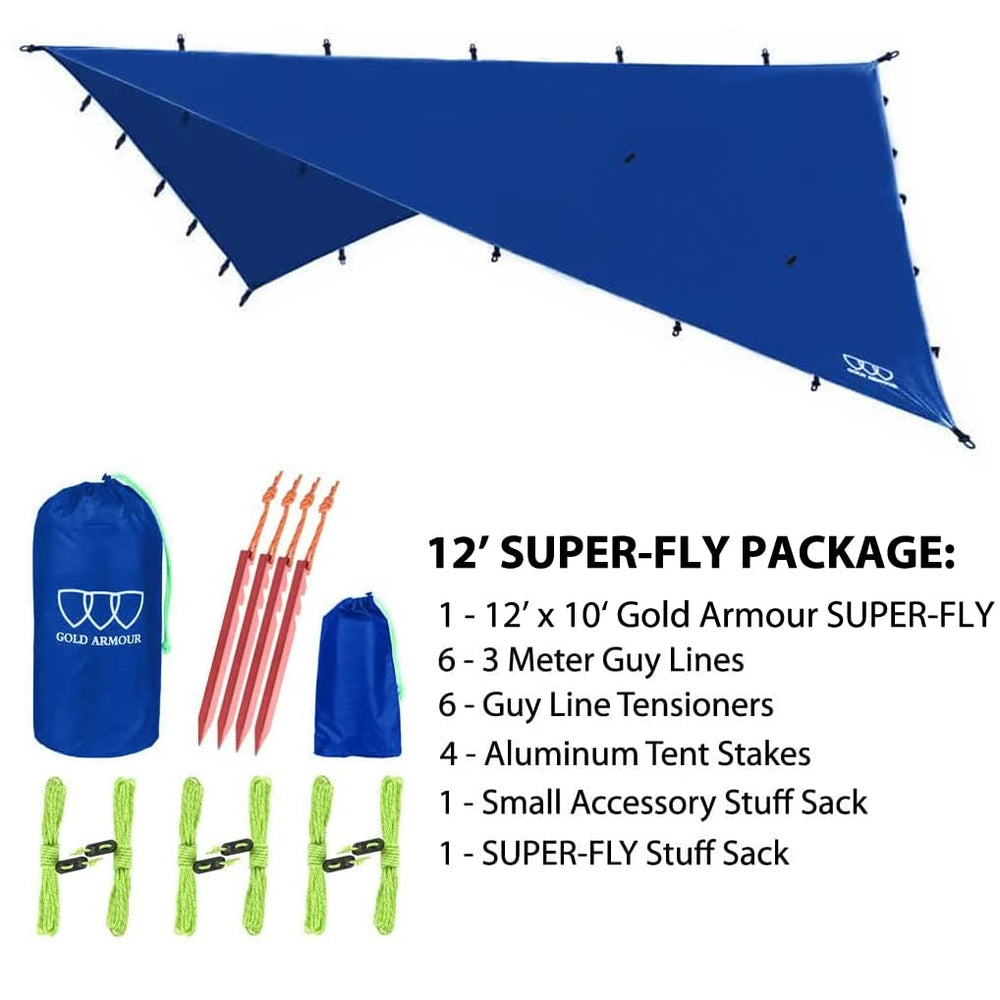 Gold Armour rainfly tarp with 33 tie-down loops enables versatile anchoring.