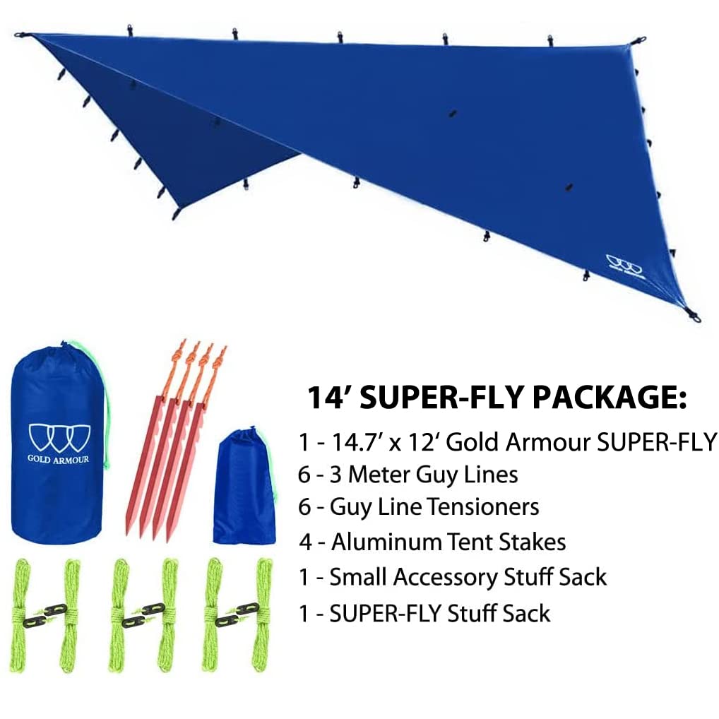 Gold Armour rainfly tarp hammock 10ft x 8ft blue shelter for compact trips.