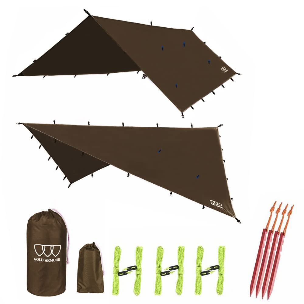 Gold Armour Rainfly Tarp Hammock shows quick shelter setup for staying dry in inclement weather.