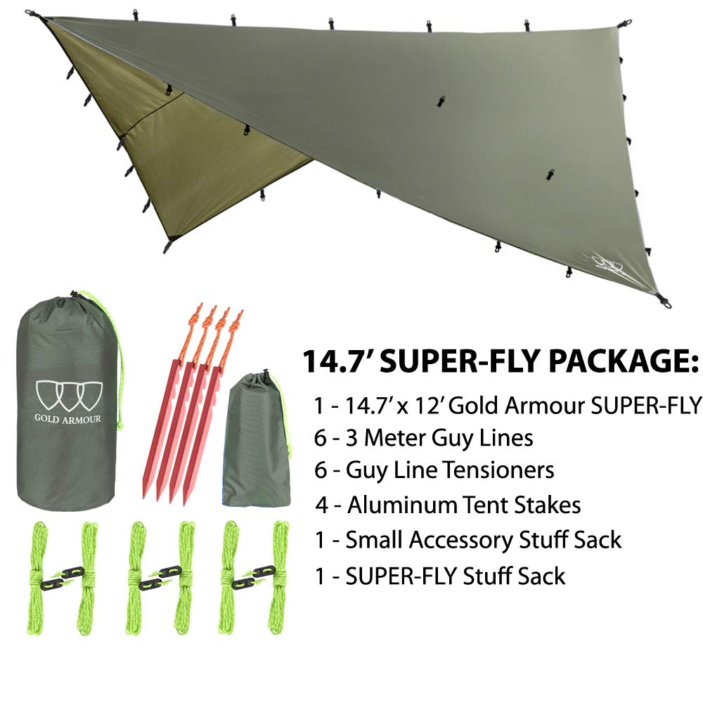 Gold Armour rainfly tarp hammock 33 tie-down loops enable secure anchoring in windy conditions.