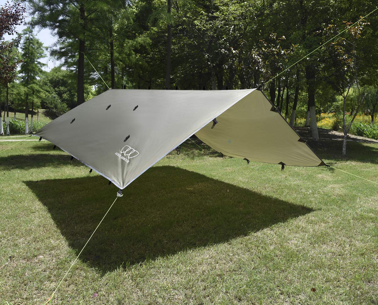 Gold Armour rainfly tarp hammock included accessories shows complete setup with stakes and lines.