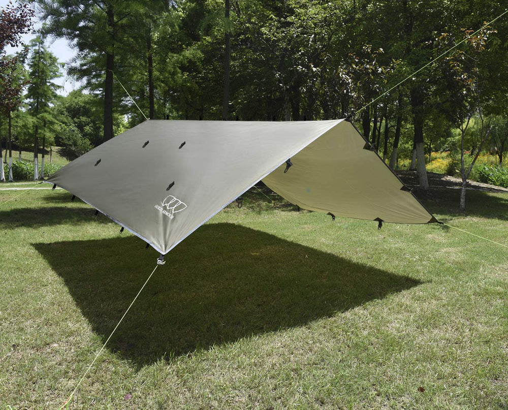 Gold Armour rainfly tarp hammock included accessories shows complete setup with stakes and lines.