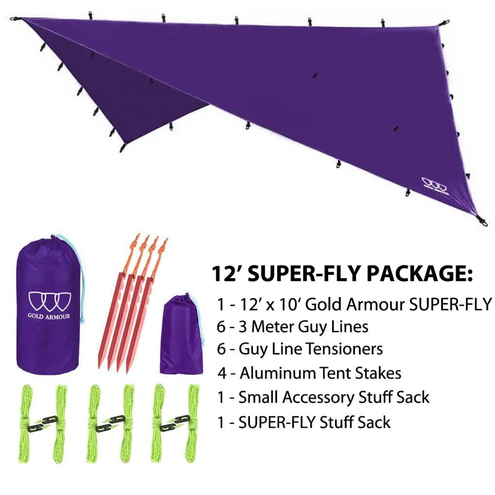 Gold Armour rainfly tarp hammock includes stakes and lines for quick setup.