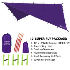 Gold Armour rainfly tarp hammock includes stakes and lines for quick setup.