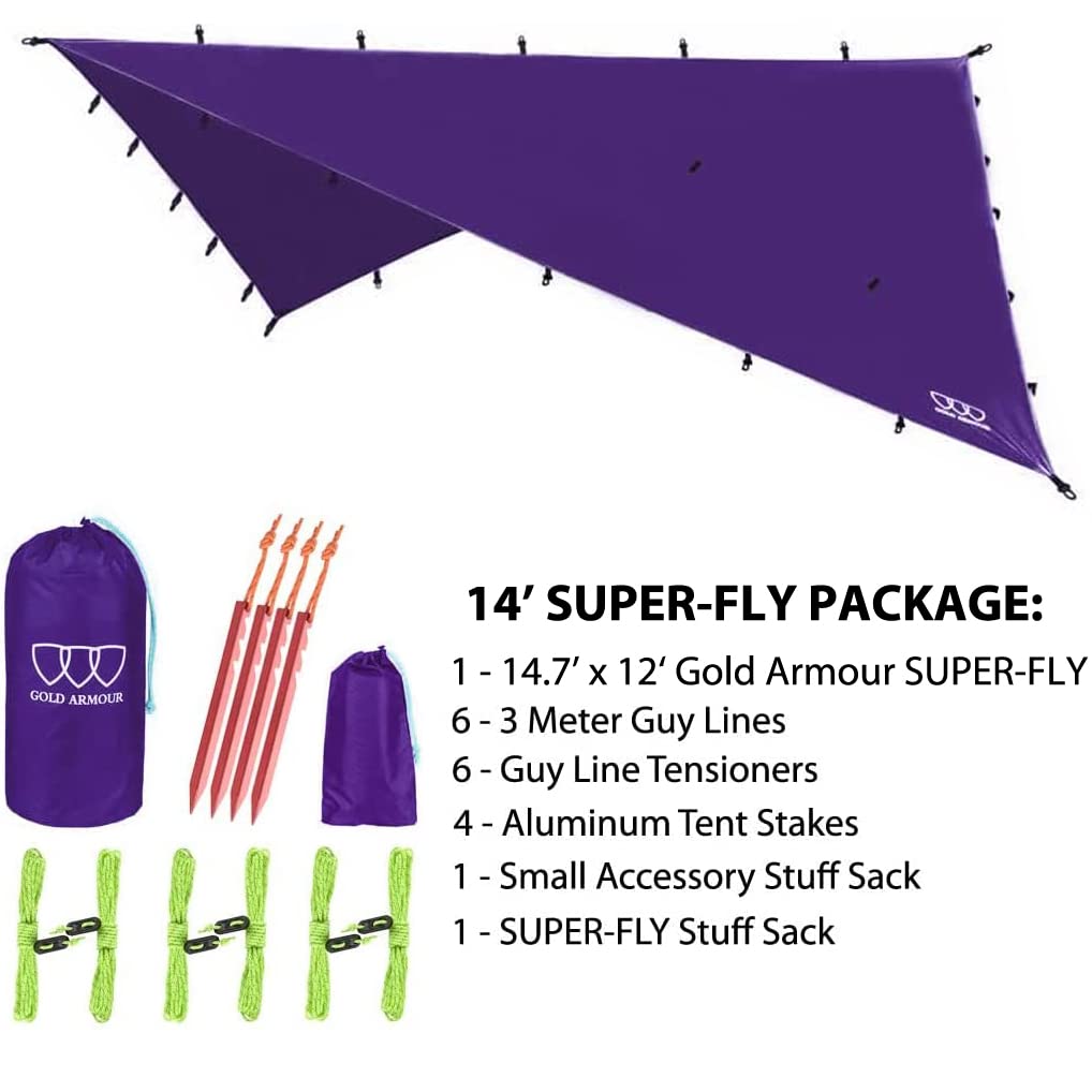 Gold Armour Rainfly Tarp Hammock purple packed-stuff sack highlighting portability.