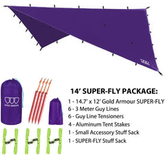 Gold Armour Rainfly Tarp Hammock purple packed-stuff sack highlighting portability.