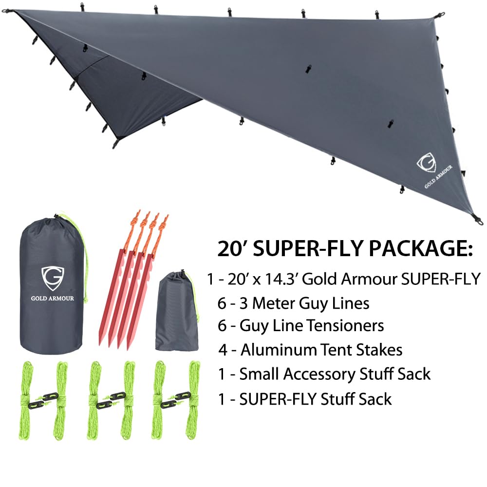 Gold Armour rainfly tarp demonstrates fast setup for immediate shelter after day hikes.