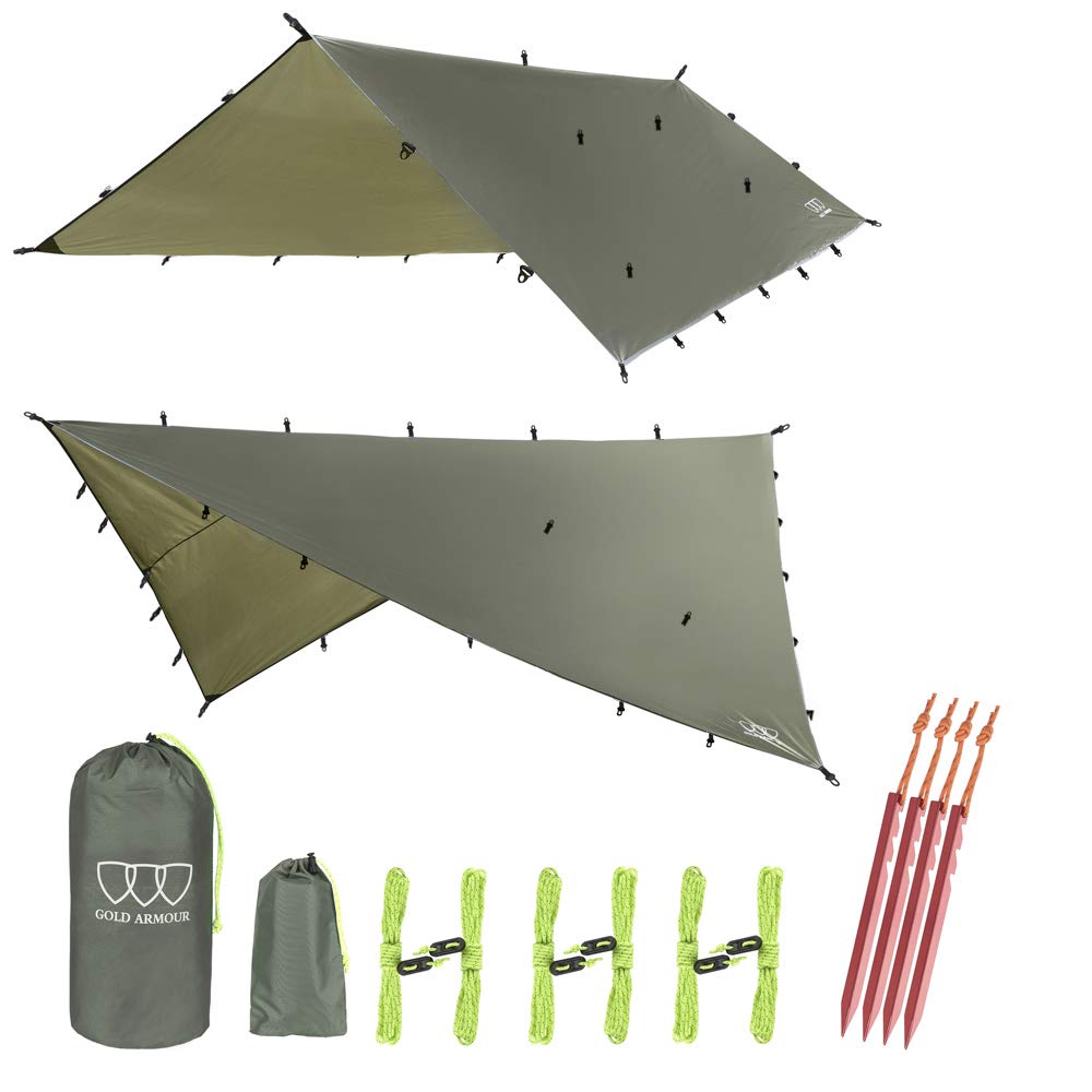 Gold Armour rainfly tarp hammock setup demonstrates rapid shelter for camping.