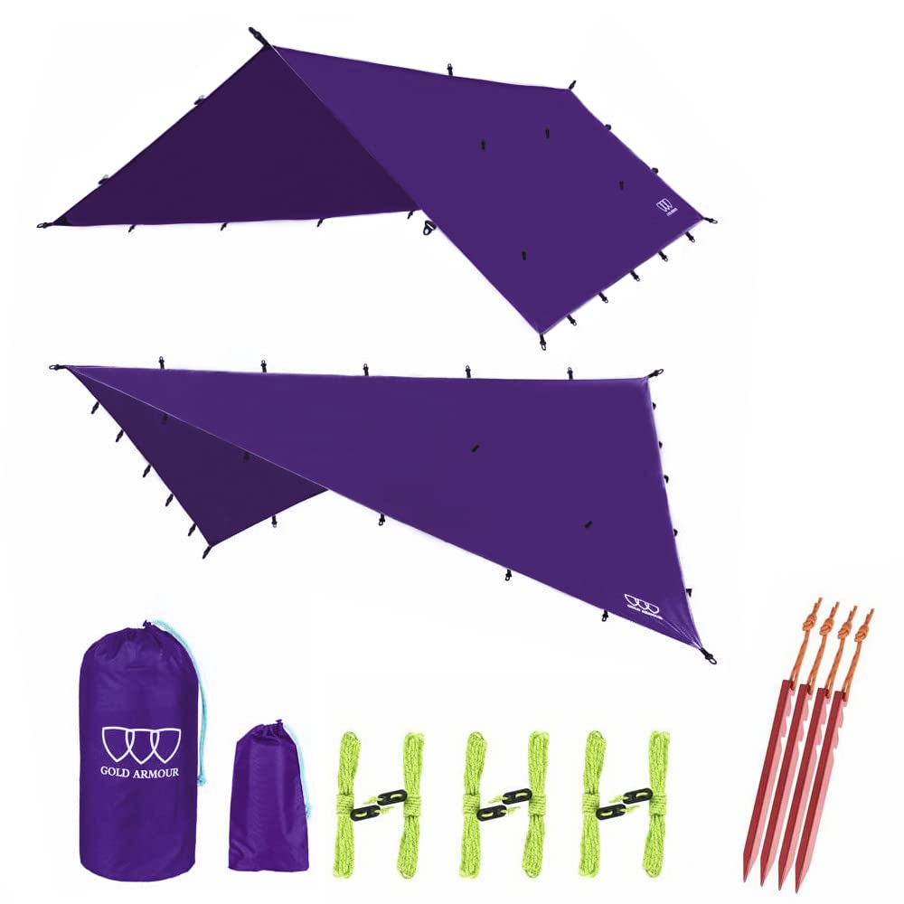 Gold Armour rainfly tarp hammock setup demonstrates rapid shelter in minutes at a campsite.