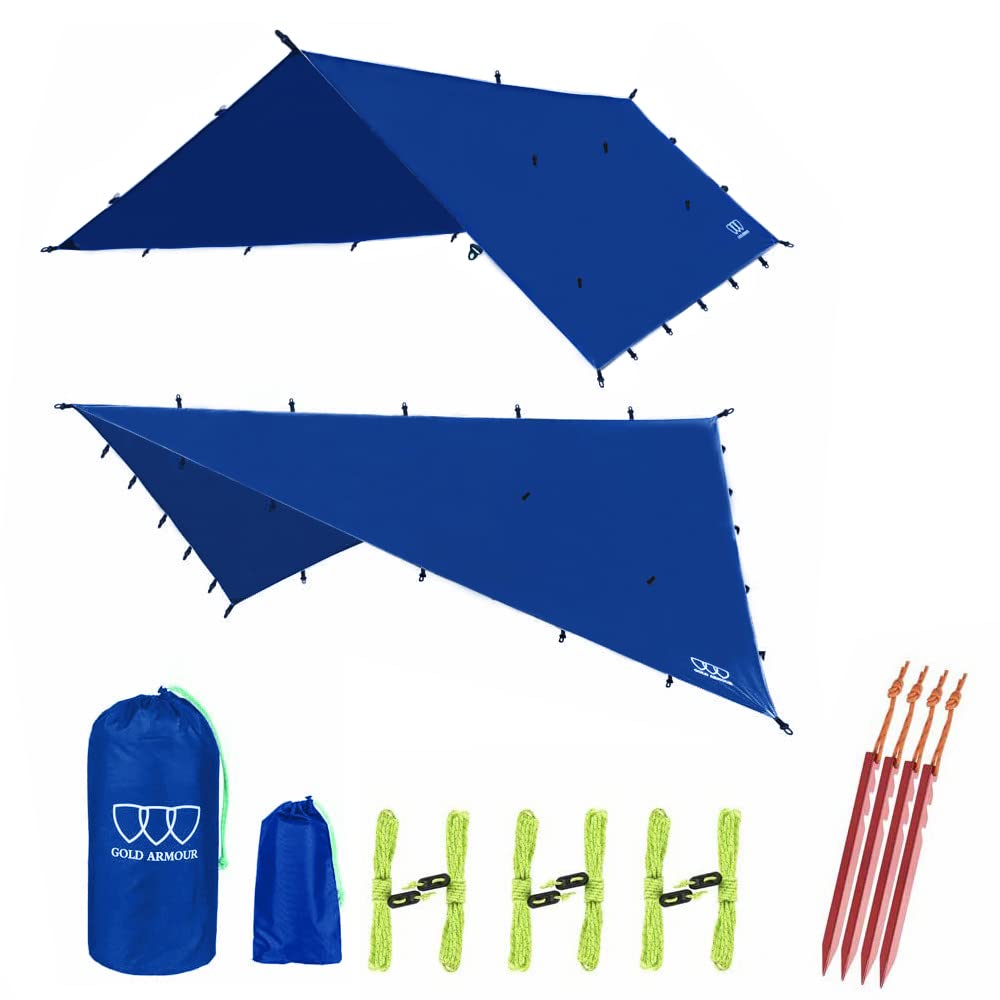 Gold Armour Rainfly Tarp Hammock setup shows quick shelter in varying weather.