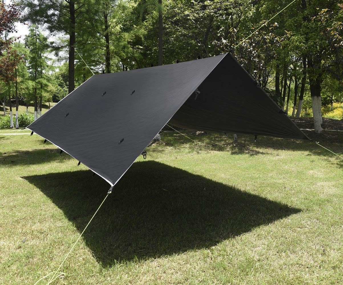 Gold Armour Rainfly Tarp hammock shelter enables quick setup between trees.