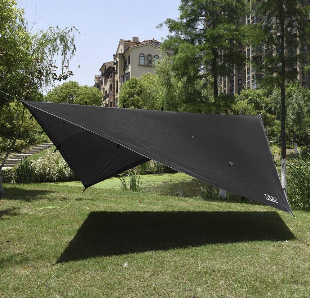 Gold Armour rainfly tarp shelter shows rugged protection for sudden showers