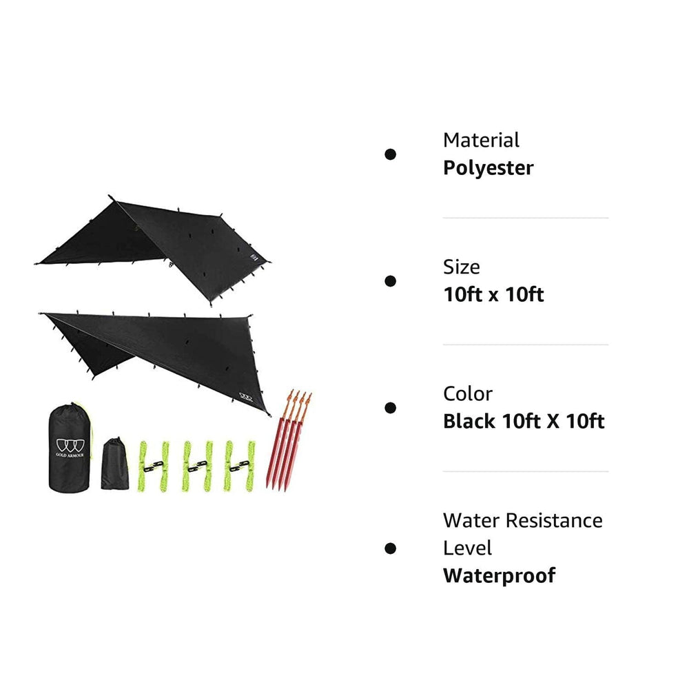 Gold Armour Rainfly Tarp complete package includes stakes and ropes for fast setup.