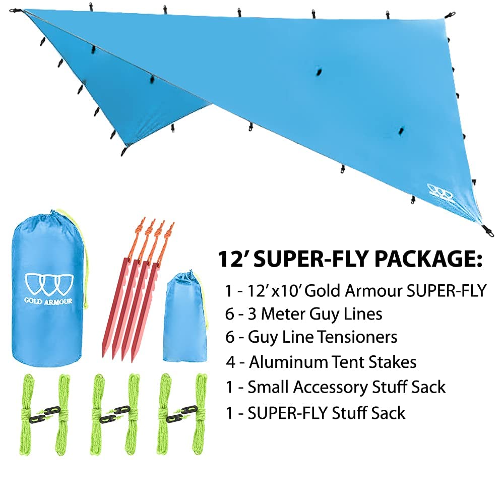 Gold Armour Rainfly Tarp includes stakes, lines, and tensioners for quick setup.