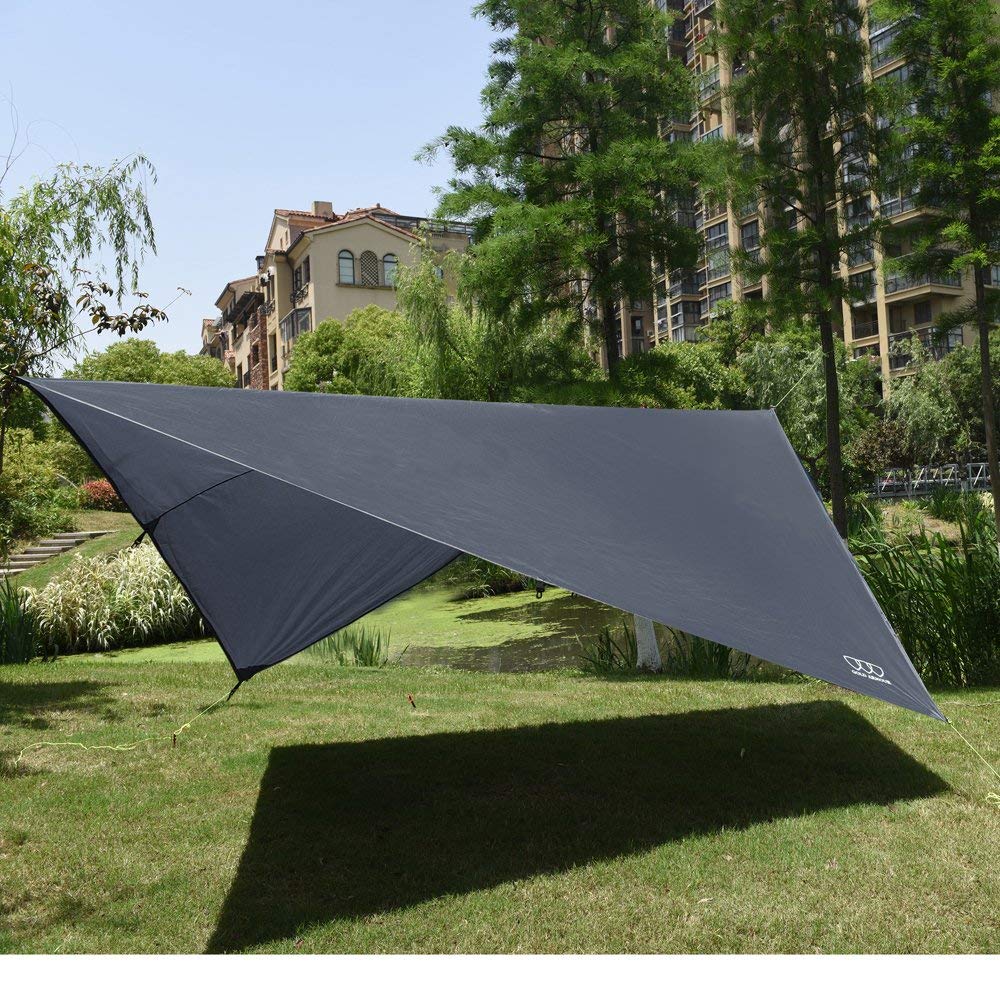 Gold Armour Rainfly Tarp setup over hammock for instant shelter on trips