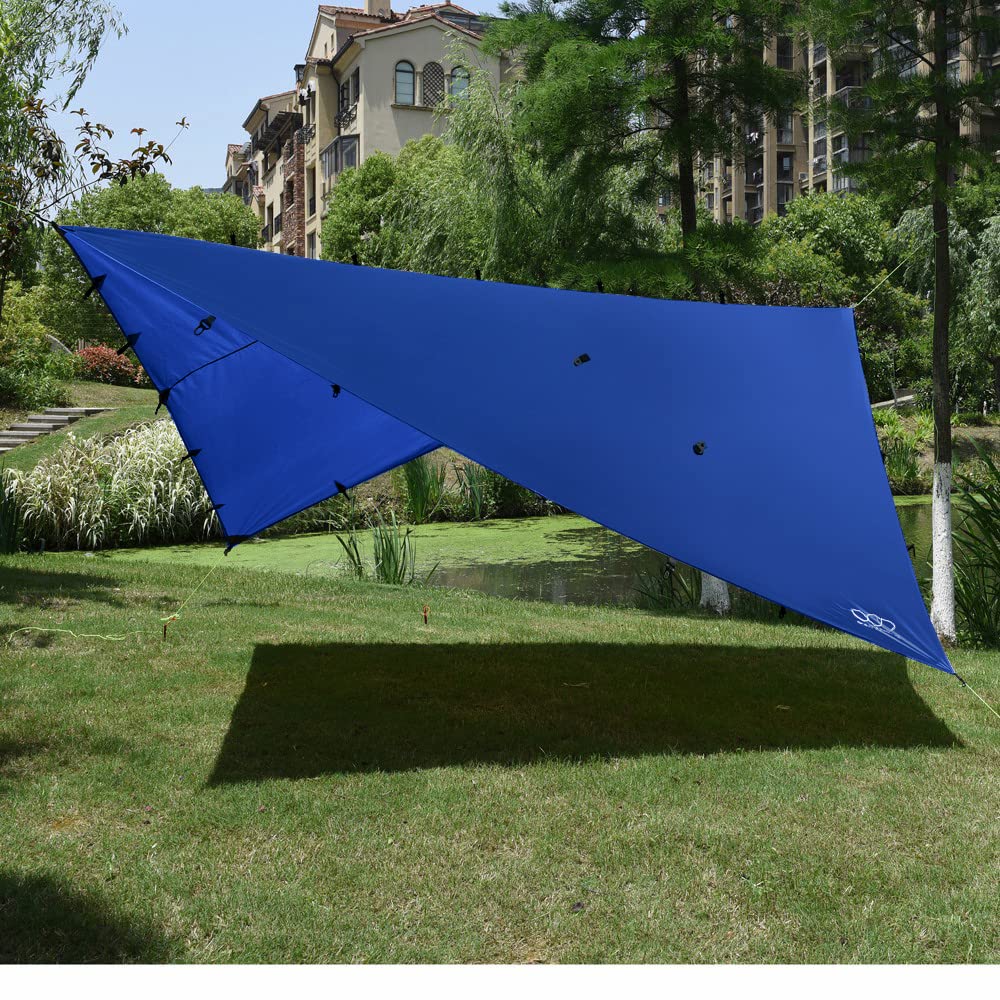 Gold Armour rainfly tarp setup under trees demonstrates instant shelter in camping.
