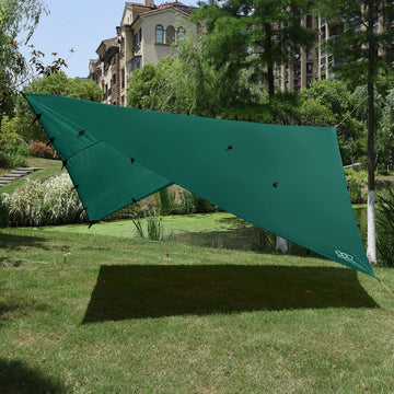 Gold Armour rainfly tarp side shelter use illustrates versatile protection in unexpected showers.