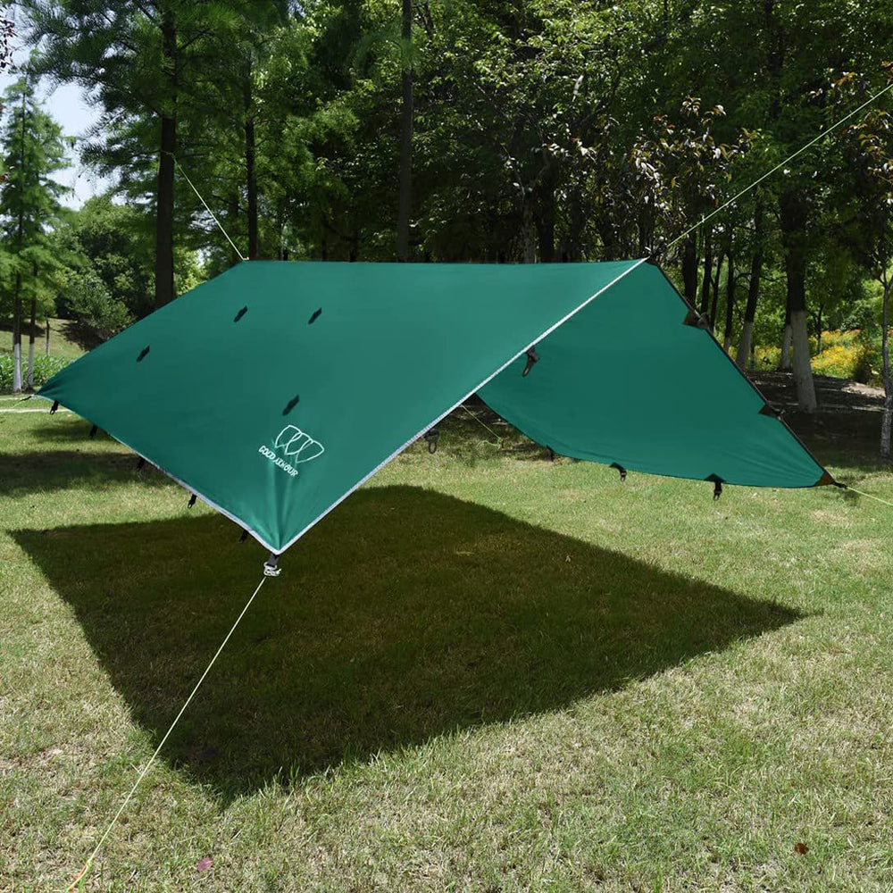 Gold Armour rainfly tarp stakes and stuff sack illustrate complete kit convenience.