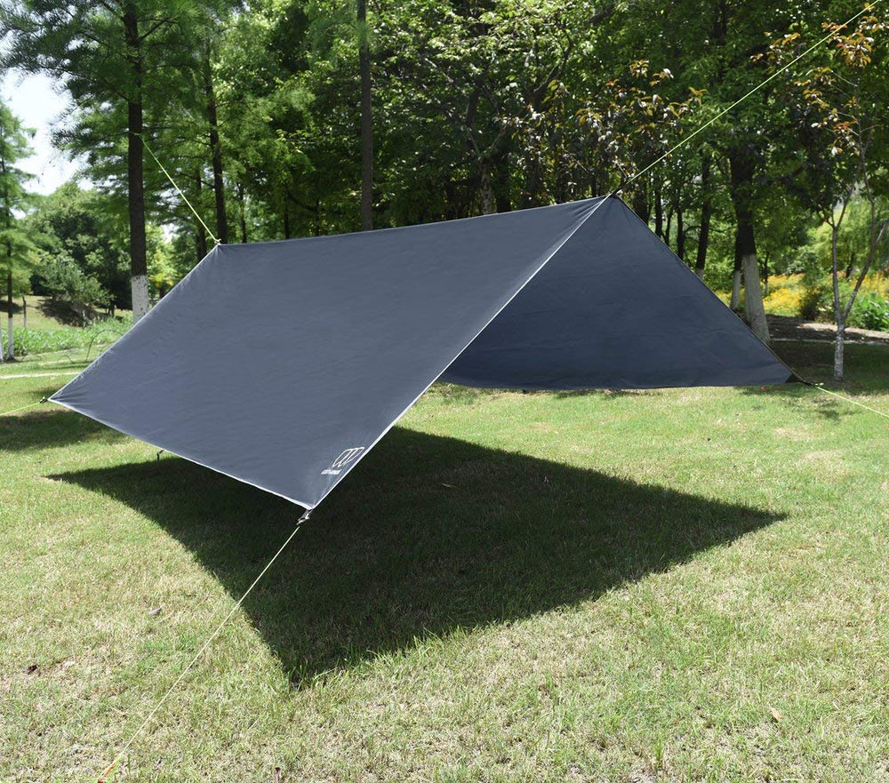 Gold Armour Rainfly Tarp stakes and tensioners ready for rugged camping setups