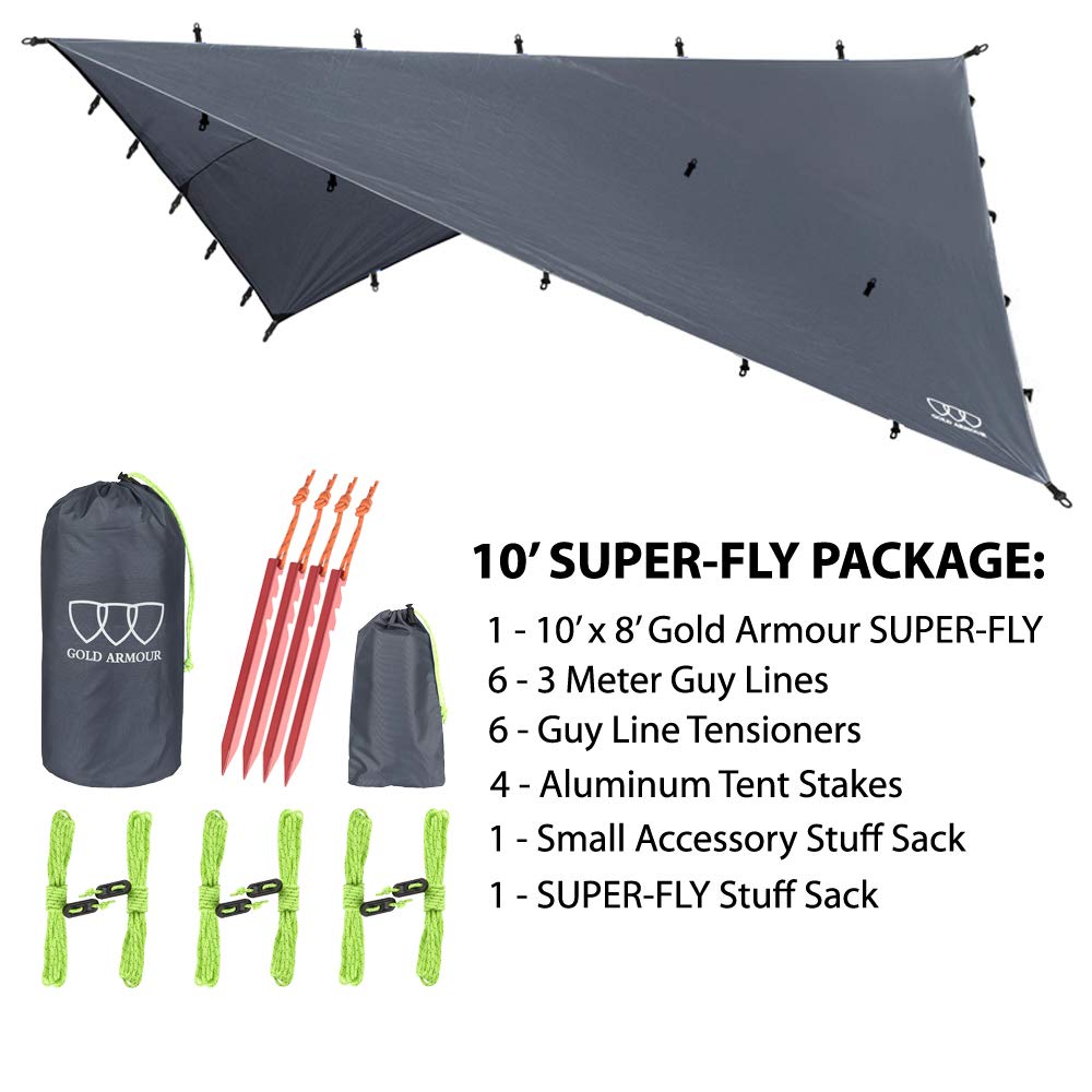 Gold Armour Rain Fly Tarp compact packability for ultralight backpacking.