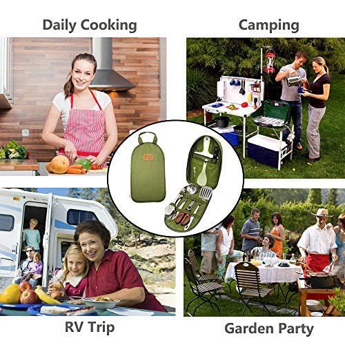 Gold Armour spatula tongs and ladle set within reach during camping.