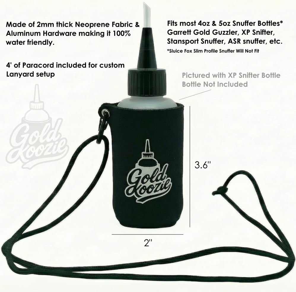 Gold Koozie carabiner keeps snuffer bottle within easy reach.