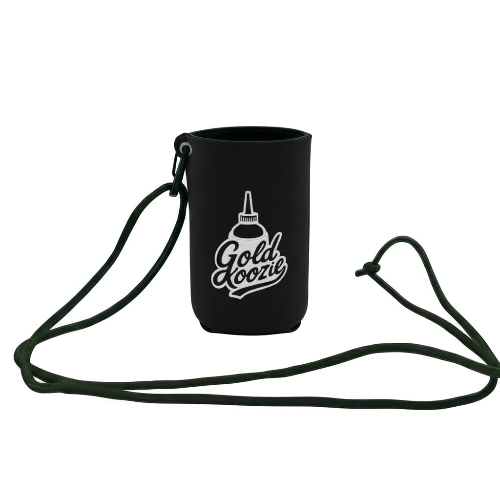 Gold Koozie neoprene sleeve protects snuffer bottle on creekside adventures.