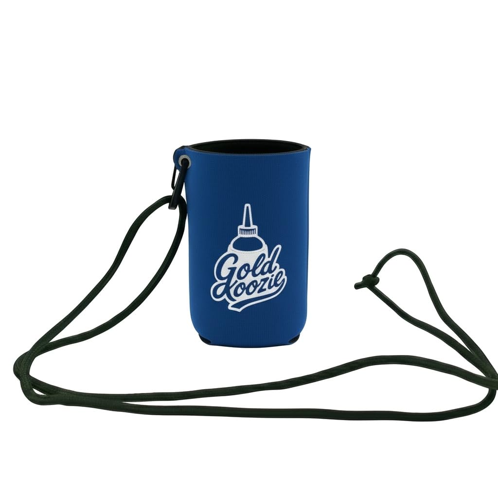 Gold Koozie neoprene snuffer bottle holder with clip on a pack.