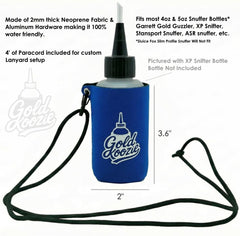 Gold Koozie neoprene snuffer bottle holder shown with carabiner.