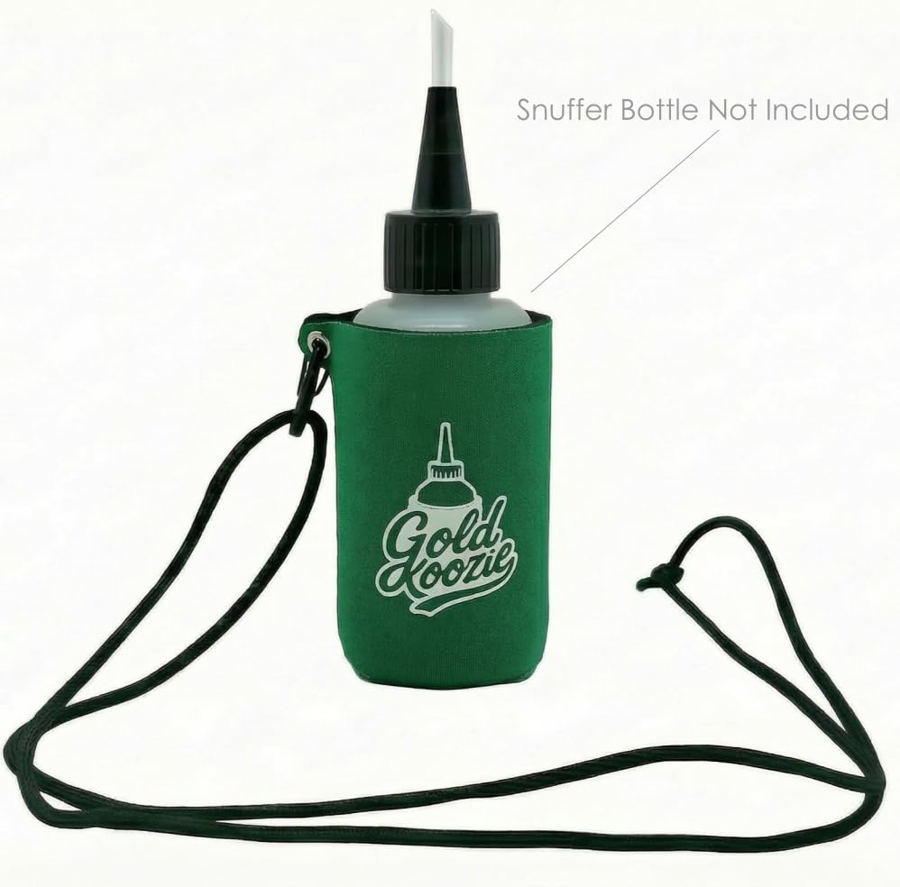 Gold Koozie snuffer bottle holder with aluminum grommets for durability.