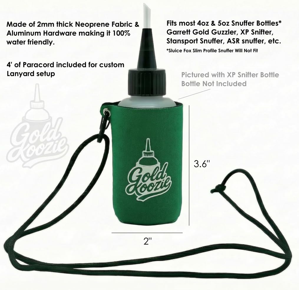 Gold Koozie snuffer bottle holder with carabiner for hands-free carry.