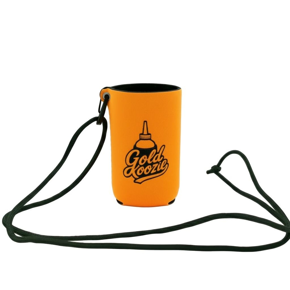 Gold Koozie snuffer bottle holder with carabiner attached for hands-free access.