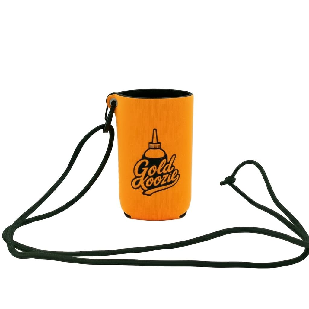 Gold Koozie snuffer bottle holder with carabiner attached for hands-free access.